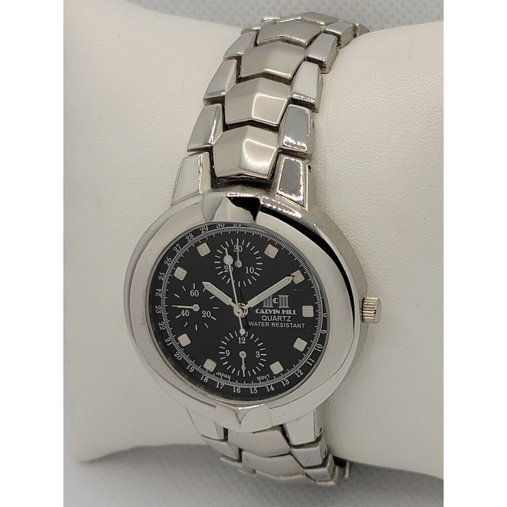 Men's Calvin Hill Classic Round Silver Tone Black Dial Link Bracelet Watch 01 - Picture 2 of 8